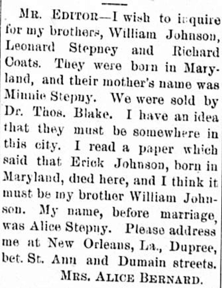 Mrs. Alice Bernard searching for her brothers William Johnson, Leonard Stepney, and Richard Coats