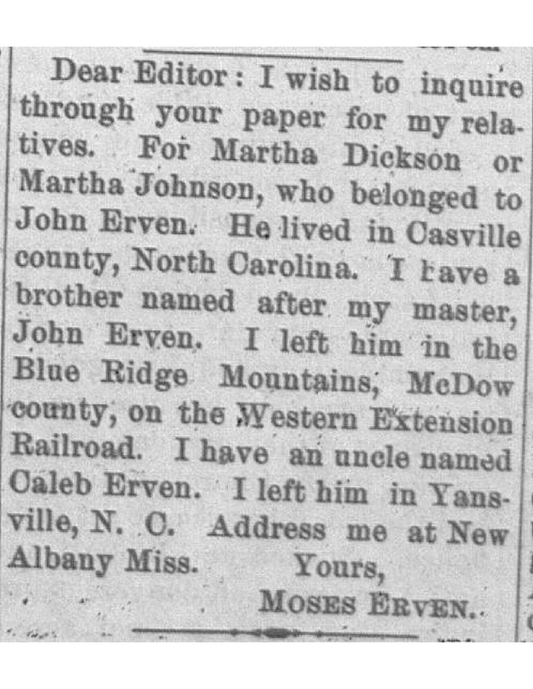 Moses Erven searching for Martha Dickson or Martha Johnson, John Erven, and Caleb Erven