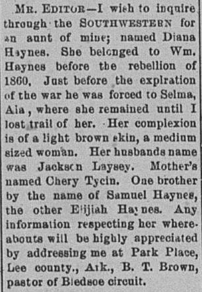 B. T. Brown seeking their aunt Diana Haynes