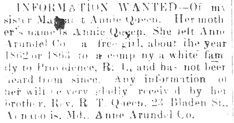 Rev. R. T. Queen searching for information of his sister Margaret Annie Queen