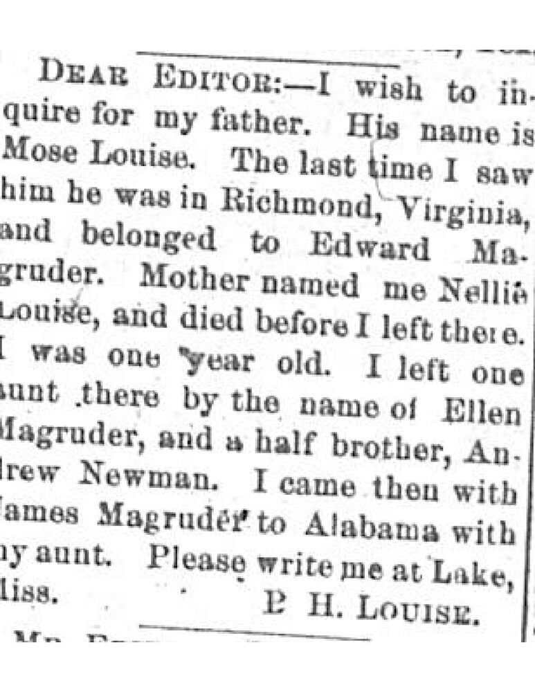 P. H. Louise (formerly Nellie Louise) searching for their father Mose Louise