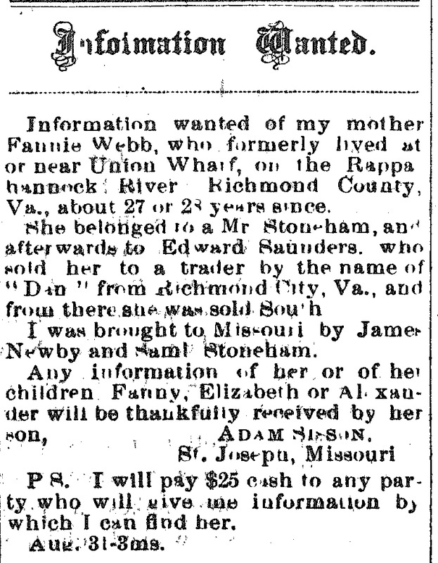 Adam Sisson (also known as Adam Webb) looking for his mother Fannie Webb (1st of 3 ads) 