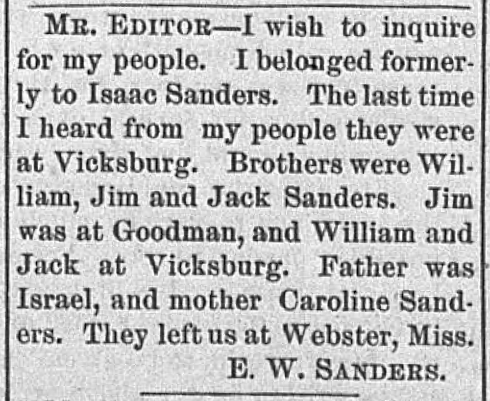 E. W. Sanders seeking their mother, father and brothers