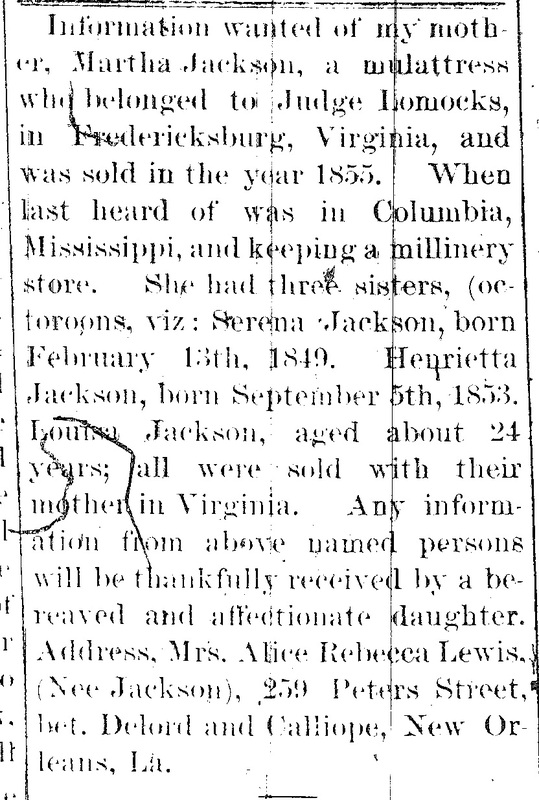 Alice Rebecca Lewis (formerly Nee Jackson) searching for her mother Martha Jackson and aunts