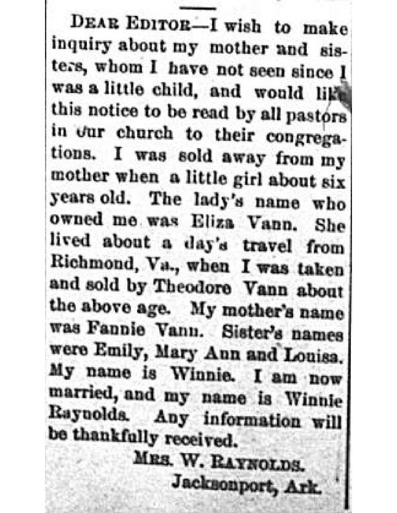 Mrs. Winnie Raynolds searching for her mother Fannie Vann and sisters