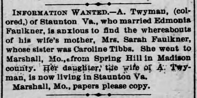 A. Twyman searching for his mother-in-law Mrs. Sarah Faulkner 