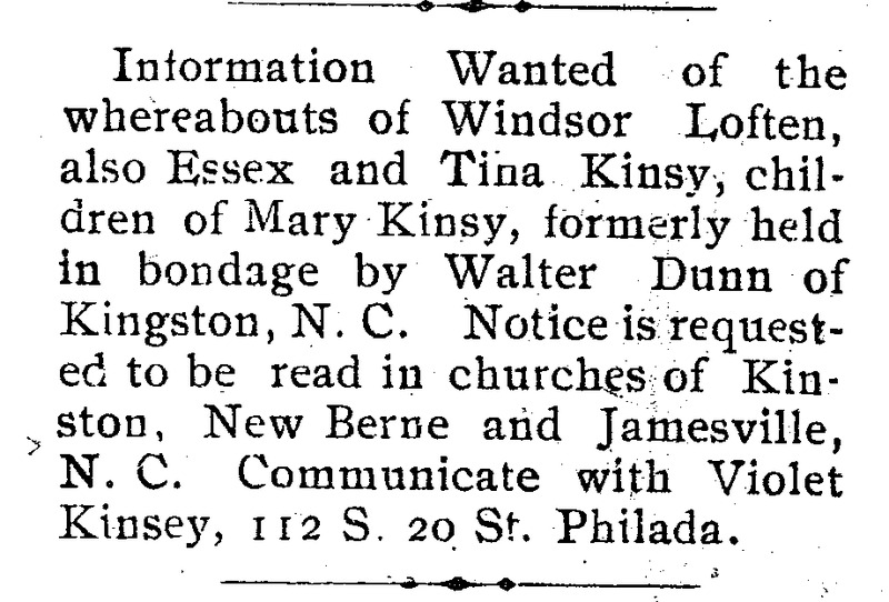 Violet Kinsey seeking information on Windsor Loften, Tina and Essex Kinsy