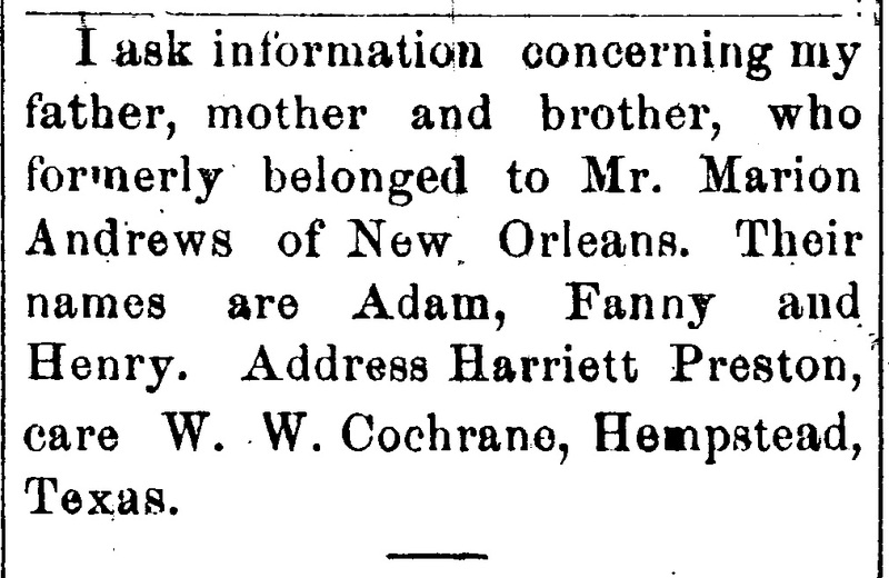 Harriet Preston seeking information about her father Adam, mother Fanny, and brother Henry