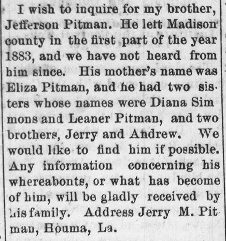 Jerry M. Pitman searching for his brother Jefferson Pitman