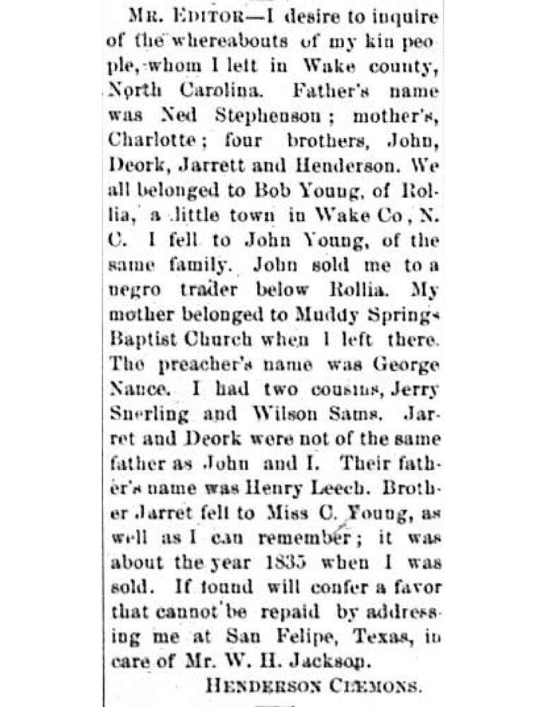 Henderson Clemmons searching for his father Ned Stephenson, mother Charlotte, and relatives 