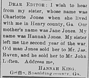 Hannah King (formerly Hannah Jones) seeking her sister Charlotte Jones