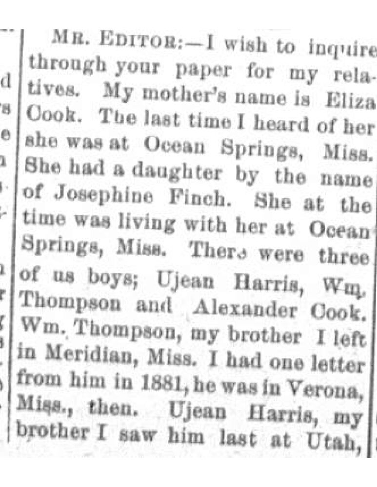 Alexander Cook searching for his mother Eliza Cook and siblings