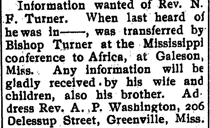 Rev. A. P. Washington seeking information about Rev. N. F. Turner