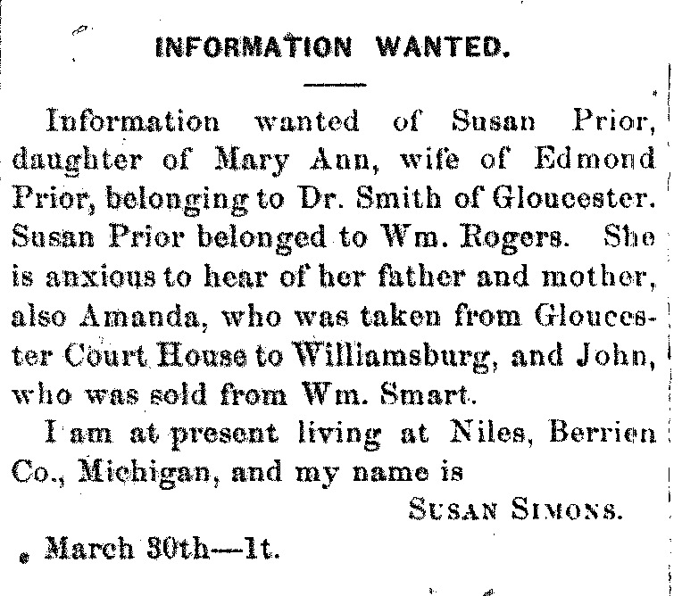 Susan Simons looking for Susan Prior