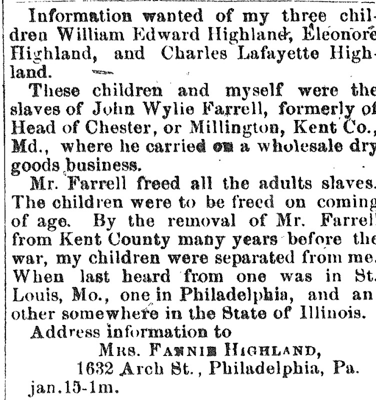 Fannie Highland searching for sons William and Charles Highland and daughter Eleonore Highland