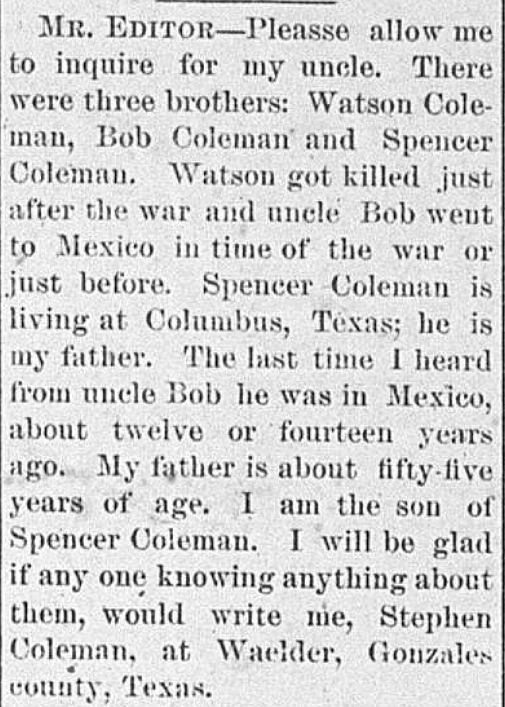 Stephen Coleman seeking his uncle Bob Coleman