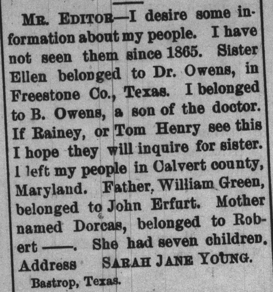 Sarah Jane Young searching for her father William Green, mother Dorcas, and sister Ellen