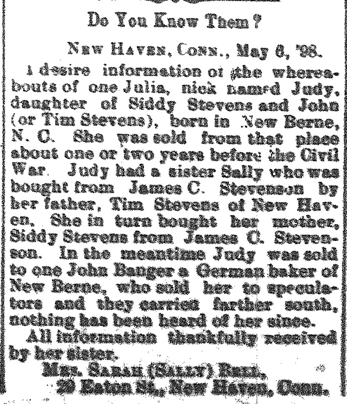 Mrs. Sarah Bell searching for her sister Julia (also known as Judy) (2nd of 2 ads)