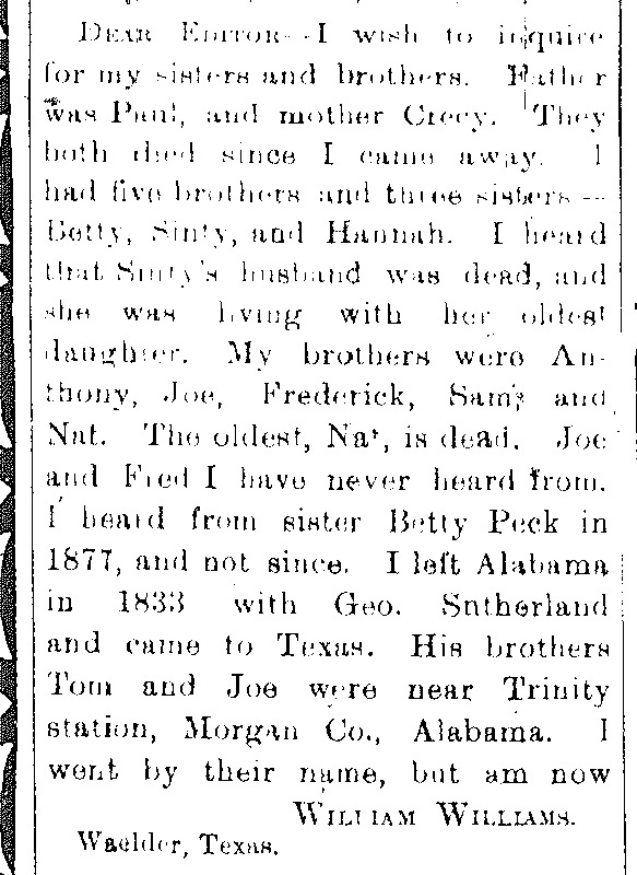 William Williams looking for several siblings including sisters Betty and Hannah