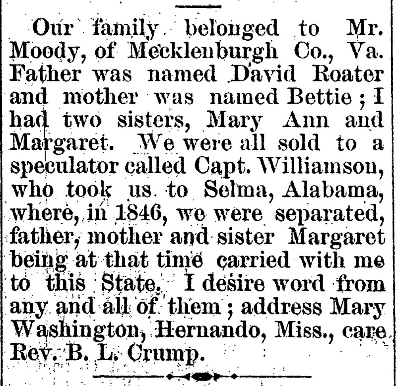 Mary Washington searching for her father David Roater, mother Bettie, and sisters Mary Ann and Margaret