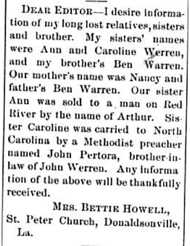 Mrs. Bettie Howell searching for her siblings Ann, Caroline, and Ben Warren 