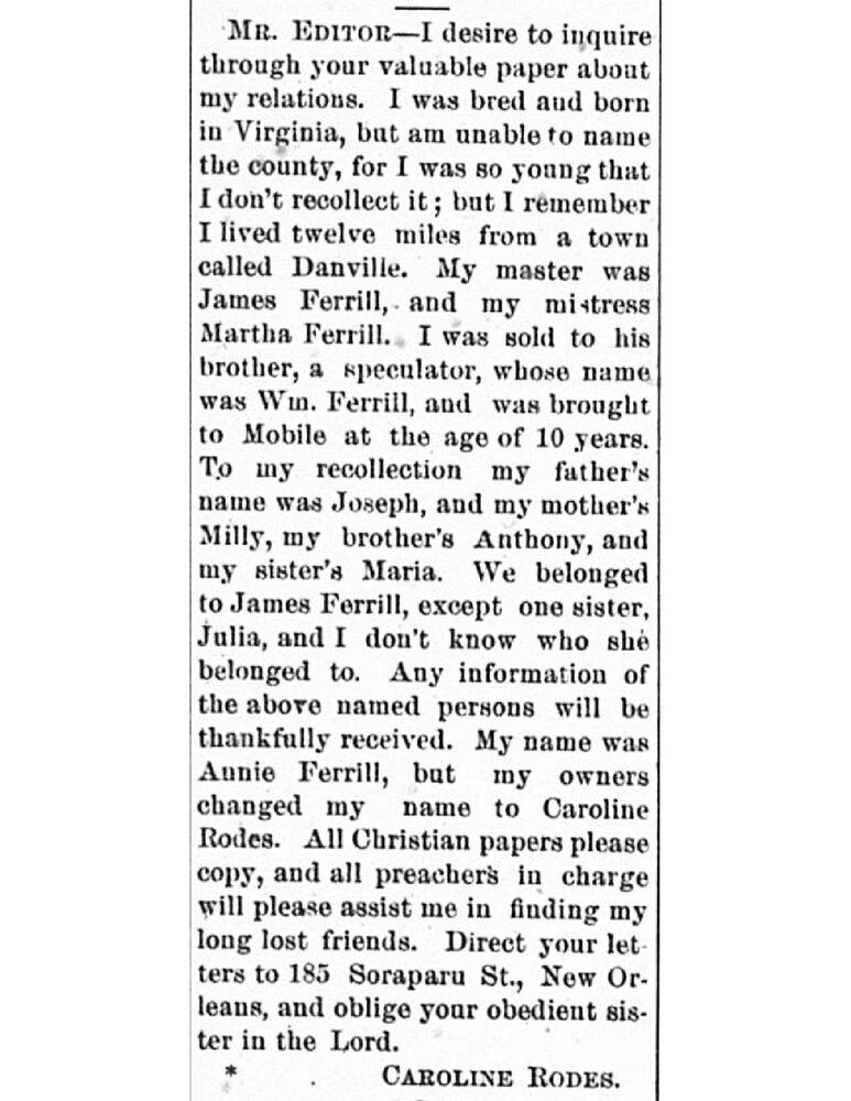 Caroline Rodes  (formerly Annie Ferrill) searching for father Joseph, mother Milly, sisters Maria and Julia, and brother Anthony