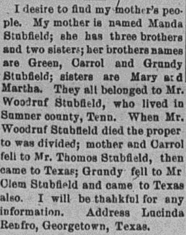 Lucinda Renfro seeking her aunts Mary and Martha, and uncles Green, Carrol, and Grundy Stubfield