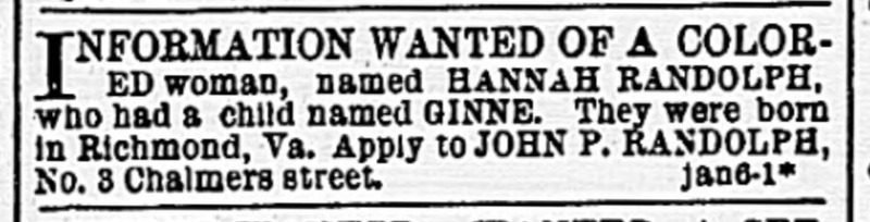 John P. Randolph searching for Hannah Randolph and her daughter