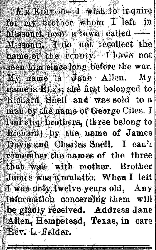 Jane Allen seeking her mother and brothers 