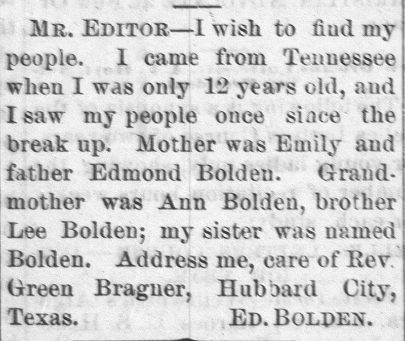 Ed. Bolden searching for his family including his mother Emily and father Edmond Bolden