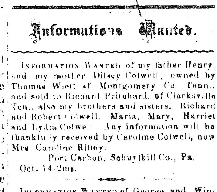 Caroline Rilley (formerly Caroline Cowell) searching for her parents Henry and Disley Colwell, and several siblings