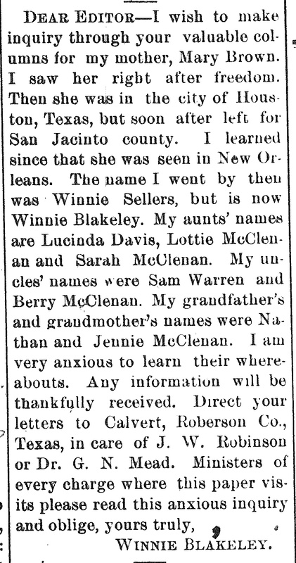 Winnie Blakeley seeking information about her mother Mary Brown