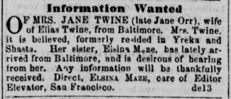 Elsina Maze searching for her sister Mrs. Jane Twine (formerly Jane Orr)