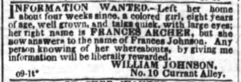 William Johnson searching for Frances Johnson (formerly Frances Archer)