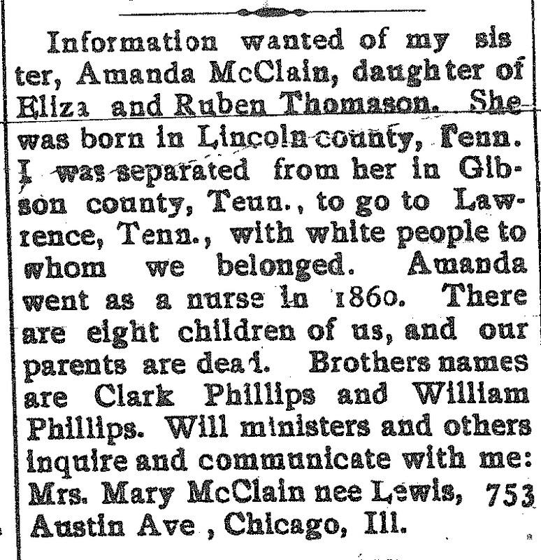 Mrs. Mary McClain looking for information about her sister Amanda McClain