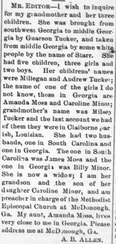 A.B. Allen searching for his grandmother, Milsey Tucker, and her three children, Millegan and Andrew Tucker and a third unknown girl