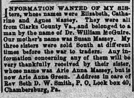 Arie Anna Green (formerly Arie Anna Massey) seeking information about her sisters Elizabeth, Catharine, and Agnes Massey