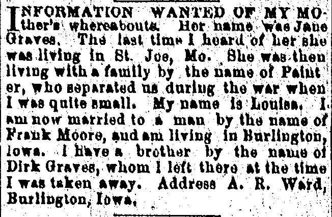 Louisa Moore (formerly Louisa Graves) seeking information about her mother Jane Graves and brother Dirk Graves