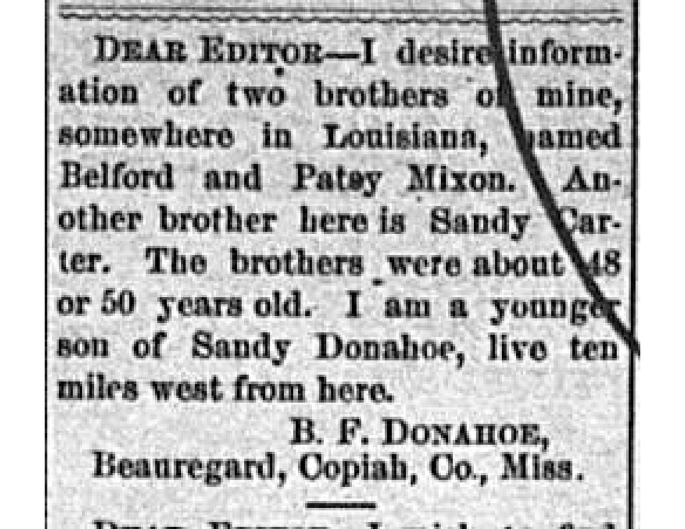 B. F. Donahoe searching for his two brothers Belford and Patey Mixon