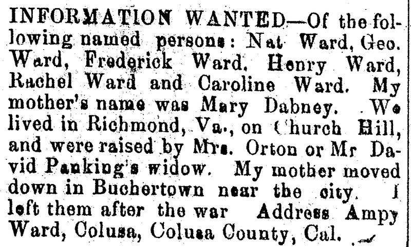 Ampy Ward searching for Nat Ward, Geo. Ward. and several more siblings