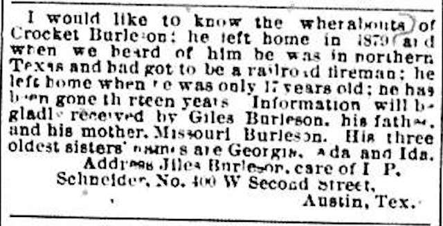 Jiles (or Giles) Burleson and Missouri Burleson searching for their son Crocket Burleson