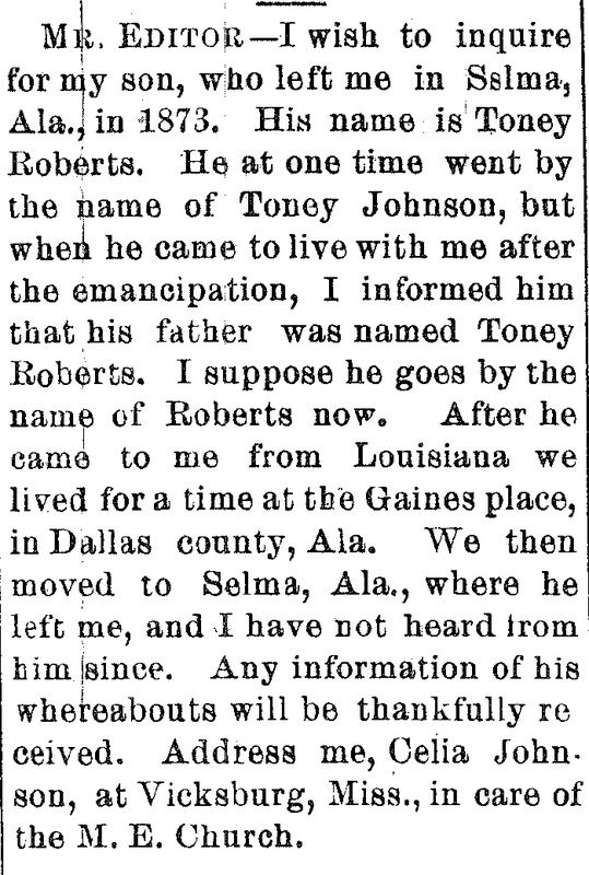 Celia Johnson searching for her son Toney Roberts (formerly Toney Johnson)