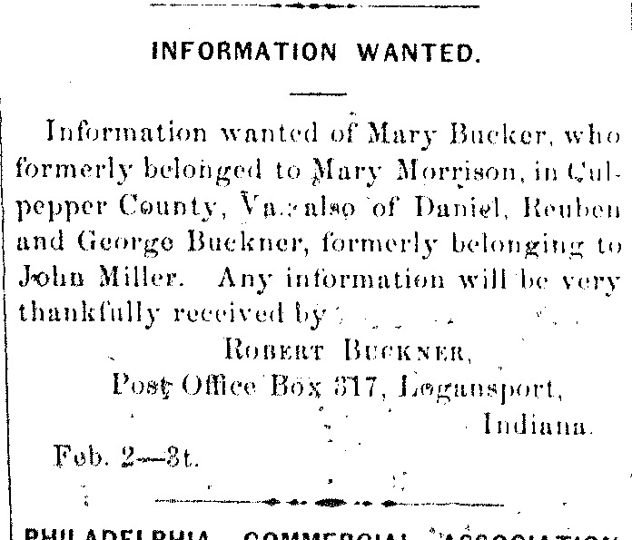 Robert Buckner looking for his children Mary, George, and Robert R. Buckner (1st of 2 ads placed)