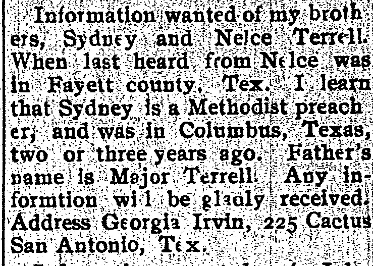 Georgia Irvin seeking information on her brothers Sydney and Nelce Terrell