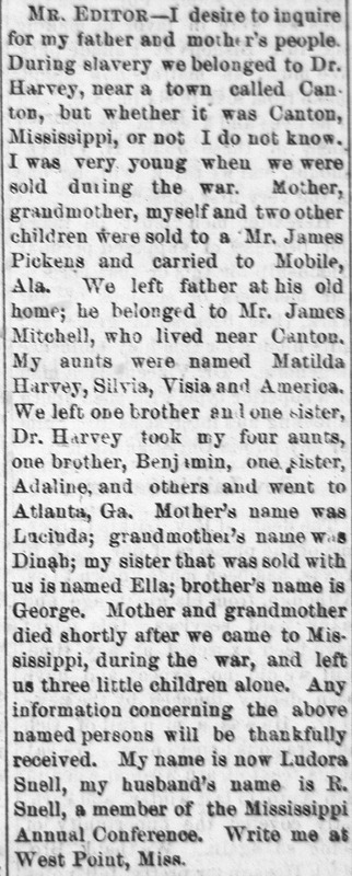 Ludora Snell searching for her father, aunts, sisters, and brothers