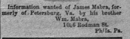 Wm. Mabra searching for his brother James Mabra