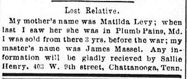 Sallie Henry searching for her mother Matilda Levy