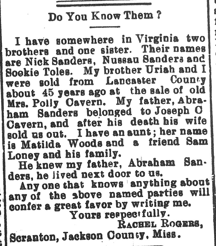 Newspaper clipping of an information wanted ad written by Rachel Rogers